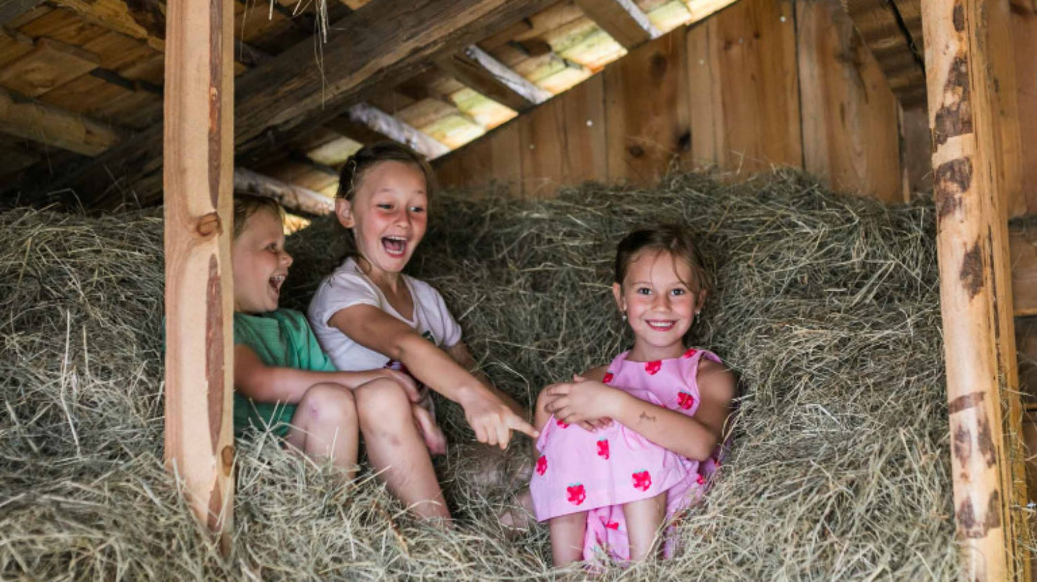 Lichtadvent 15 Streichelzoo und Kinder im Heuhaufen in der Berghütte